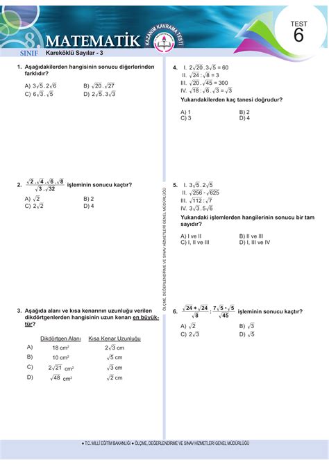 matematik kareköklü sayılar test 8 sınıf